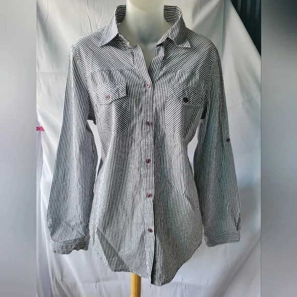 YDE Button Up Stripes Pinstripes Shirt Long Sleeves Button Back Collar  Medium - Picture 5 of 11